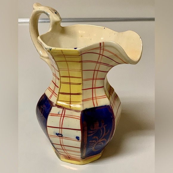 19th Century Gaudy Welsh Unrecorded Plaid Grid Pattern Jug Handled Pitcher - Picture 3 of 16